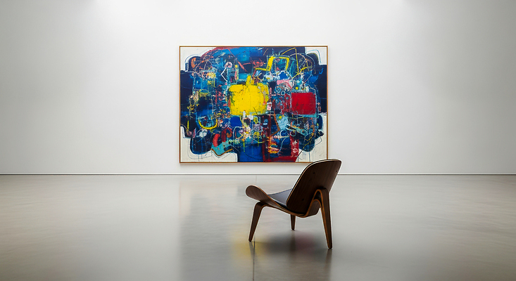 JPG 나무 편집이미지 디자인 예술 벽 컬러 의자 앉기 전시 공간 미술관 그림 관람 전시실 비어있는 편집실사 AI컴퓨터그래픽 AI콘텐츠 식물 가구 모션 전시회 CG 파일형식