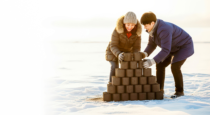 JPG 편집이미지 여자 남자 겨울 모션 놀이 야외 두명 쌓기 블록 외투 흰색 봉사 도움 차가움 연탄 기온 연탄배달 의료성형뷰티 편집실사 계절 컬러 컨셉 상의 날씨 사람 배송 CG 파일형식