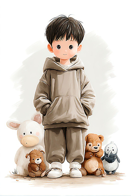 JPG 동물 캐릭터 옷 어린이 인형 일러스트 함께함 미소 장난감 갈색 판매 귀여움 검은색 흰색 아기 오브젝트 주위 아동복 국내일러스트 AI일러스트 AI콘텐츠 컬러 컨셉 표정 사람 파일형식