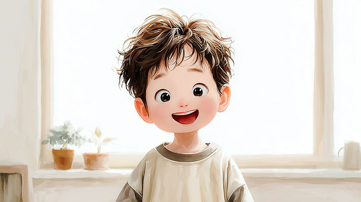 JPG 식물 옷 행복 화분 어린이 티셔츠 일러스트 아침 실내 표정 미소 웃음 소년 생활 빛 기쁨 방 창가 장면 오후 국내일러스트 AI일러스트 AI콘텐츠 주간 남자 감정 셔츠 창문 사람 내부 파일형식