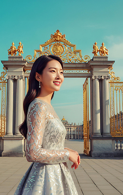 건축물 옷 컨셉 고건축 날씨 표정 사람 문 CG 파일형식 여자 드레스 궁전 건물 백그라운드 촬영 미소 하늘 맑음 패션 뷰티풀 거리 역사 편집이미지 JPG 화려 고급 대문 편집실사 의료성형뷰티