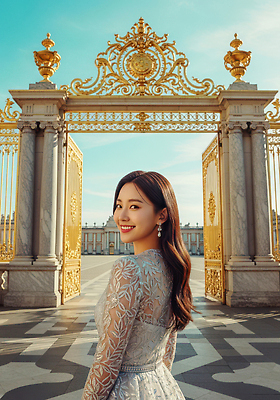 건축물 컬러 컨셉 표정 사람 신체부위 문 CG 파일형식 여자 미소 정원 정문 금색 건물 하늘 풍경 분위기 손 머리 편집이미지 JPG 화려 고급 대문 편집실사 의료성형뷰티