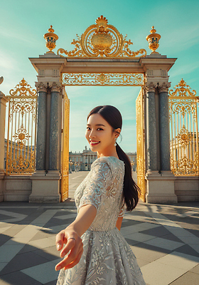 건축물 계절 컬러 컨셉 표정 사람 신체부위 문 CG 파일형식 여자 미소 손 방문 금색 건물 하늘 야외 포즈 뷰티풀 겨울 여행 편집이미지 JPG 화려 고급 대문 편집실사 의료성형뷰티