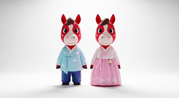 JPG 동물 편집이미지 캐릭터 전통 디자인 옷 문화 분홍색 새해 한국 파란색 설날 귀여움 말_게임 한복 말띠 2026년 아기자기 편집3D 병오년 붉은말 한국전통 명절 아시아 컬러 컨셉 3D 십이지신 말_동물 전통의상 연도 파일형식