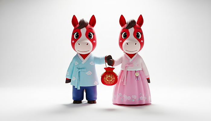 JPG 편집이미지 캐릭터 전통 디자인 옷 여자 남자 문화 음악 가방 새해 한국 설날 귀여움 축제 말_게임 한복 말띠 2026년 편집3D 병오년 붉은말 한국전통 잡화 명절 아시아 컨셉 문화예술 사람 3D 십이지신 말_동물 전통의상 연도 파일형식