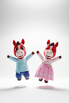 JPG 편집이미지 캐릭터 옷 기념일 인형 분홍색 컬러 백그라운드 새해 파란색 설날 달리기 점프 축제 말_게임 한복 즐거움 오브젝트 말띠 2026년 편집3D 병오년 붉은말 한국전통 명절 감정 모션 이벤트 3D 십이지신 말_동물 전통의상 연도 파일형식