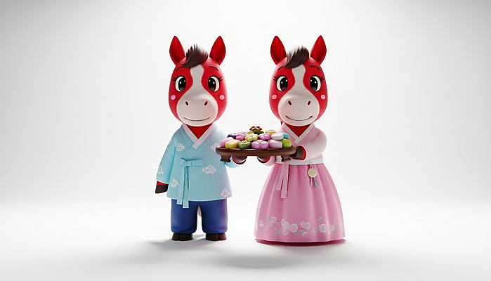 JPG 동물 편집이미지 캐릭터 문화 상징 새해 한국 웃음 장식 설날 과자 축제 말_게임 전통의상 한복 말띠 2026년 편집3D 병오년 붉은말 한국전통 전통 명절 아시아 디저트 표정 3D 십이지신 말_동물 연도 파일형식