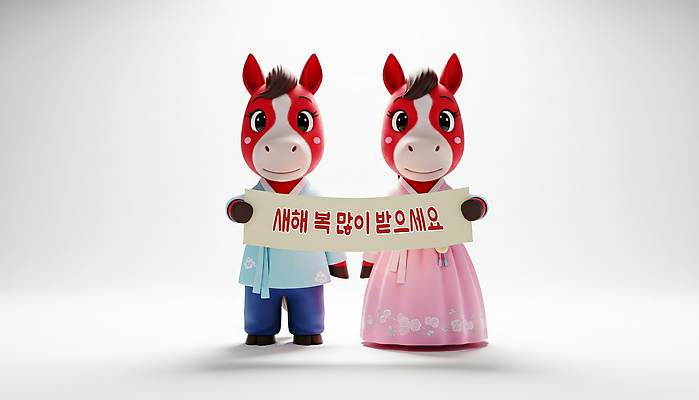 JPG 편집이미지 캐릭터 전통 명절 문화 가족 새해 한국 이벤트 설날 축제 축하 인사 말_게임 한복 말띠 2026년 편집3D 병오년 붉은말 한국전통 기념일 아시아 컨셉 관계 3D 십이지신 예절 말_동물 전통의상 연도 파일형식