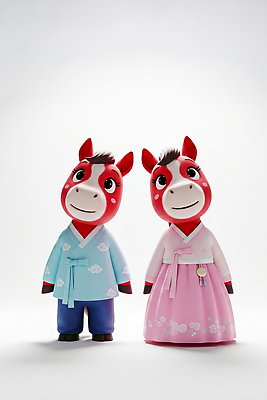 JPG 편집이미지 캐릭터 전통 디자인 문화 분홍색 컬러 새해 한국 표정 장식 파란색 설날 귀여움 말_게임 한복 그림 말띠 나란히 2026년 편집3D 병오년 붉은말 한국전통 명절 아시아 컨셉 3D 십이지신 말_동물 전통의상 연도 파일형식