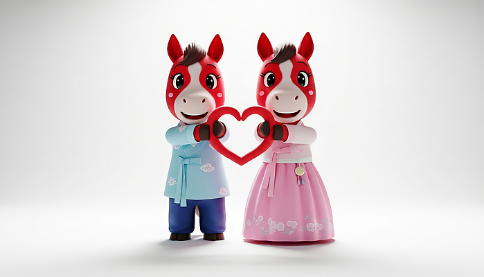 JPG 편집이미지 캐릭터 전통 디자인 여자 남자 문화 컬러 새해 사랑 웃음 설날 축제 하트 표현 말_게임 한복 오브젝트 말띠 2026년 편집3D 병오년 붉은말 모양 한국전통 명절 감정 표정 사람 3D 십이지신 말_동물 전통의상 연도 파일형식