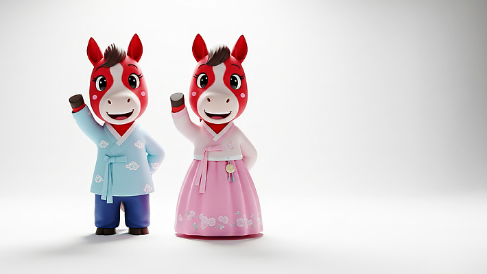 JPG 편집이미지 캐릭터 전통 손 디자인 옷 문화 새해 한국 웃음 이벤트 설날 귀여움 축제 말_게임 한복 말띠 2026년 편집3D 병오년 붉은말 한국전통 명절 아시아 컨셉 표정 신체부위 3D 십이지신 말_동물 전통의상 연도 파일형식