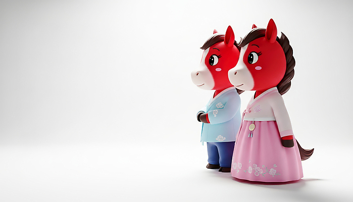 JPG 편집이미지 캐릭터 전통 디자인 응시 옷 문화 어린이 백그라운드 새해 서기 설날 장난감 귀여움 흰색 말_게임 한복 말띠 2026년 편집3D 병오년 붉은말 한국전통 시선 명절 컬러 컨셉 모션 사람 3D 십이지신 말_동물 전통의상 연도 파일형식