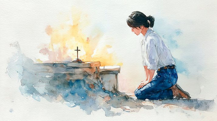 JPG 여자 종교 십자가 생각 일러스트 하늘 기념 성당 평화 희망 공간 기도 마음 의식 영혼 찬송가 무릎 숭배 국내일러스트 AI일러스트 AI콘텐츠 감정 컨셉 노래 종교건축 사람 신체부위 파일형식