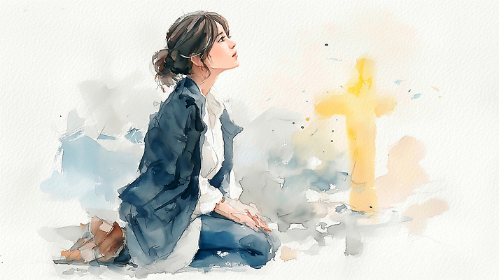 JPG 여자 종교 컬러 십자가 생각 일러스트 자연 하늘 라이프 평화 기도 마음 연결 무릎 이미지 조화 뷰티풀 순간 영감 국내일러스트 AI일러스트 AI콘텐츠 컨셉 사람 생활 신체부위 생태계 파일형식