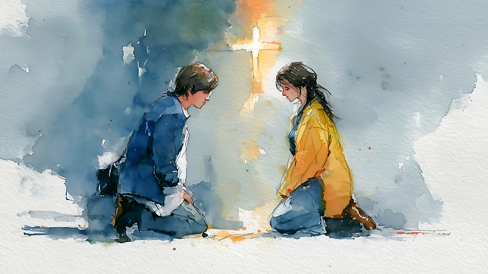 JPG 커플 응시 감정 예술 백그라운드 십자가 일러스트 관계 대화 사랑 수묵화 사람 빛 믿음 기도 그림 예배 무릎 소통 순간 국내일러스트 AI일러스트 AI콘텐츠 시선 컨셉 말하기 미술 신체부위 파일형식