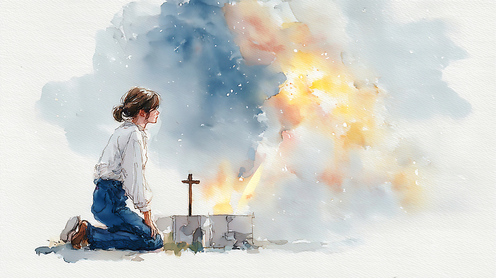 JPG 여자 종교 십자가 일러스트 불꽃 평화 희망 기도 마음 무릎꿇기 눈물 장면 영감 국내일러스트 AI일러스트 AI콘텐츠 감정 컨셉 모션 불 사람 파일형식