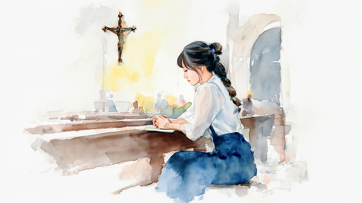 JPG 손 여자 종교 생각 일러스트 교회 평화 공간 기도 마음 찬송가 예배 나무의자 국내일러스트 AI일러스트 AI콘텐츠 컨셉 의자 노래 종교건축 사람 건물 목재 신체부위 파일형식