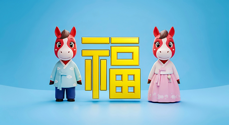 한국전통 전통 명절 아시아 3D 십이지신 말_동물 전통의상 연도 파일형식 2026년 말_게임 인형 한국 백그라운드 컬러 디자인 장식 포즈 캐릭터 문화 그림 편집이미지 편집3D JPG 한복 말띠 붉은말 설날 새해 병오년