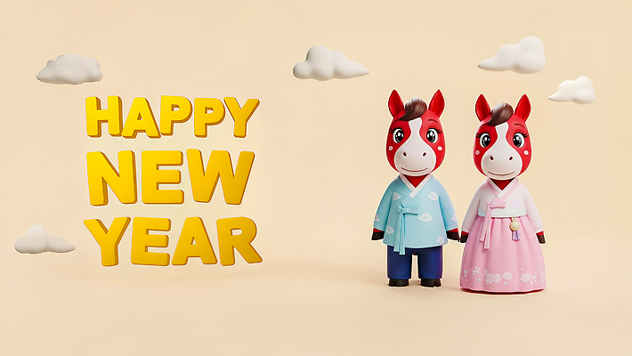 한국전통 명절 컨셉 3D 십이지신 예절 말_동물 전통의상 연도 파일형식 2026년 말_게임 인형 한복 새해 인사 장식 전통 축하 아기자기 컬러 디자인 백그라운드 이벤트 문화 편집이미지 편집3D JPG 말띠 붉은말 설날 병오년