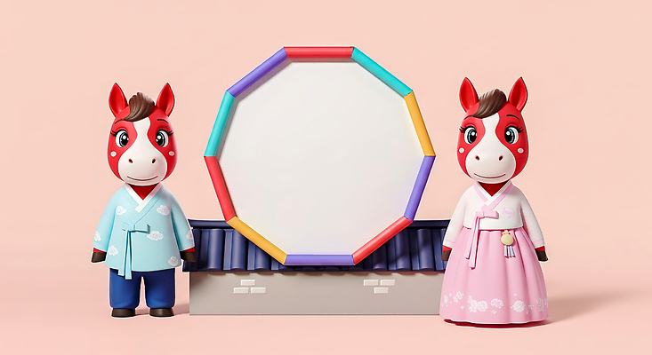 도형 한국전통 명절 아시아 컬러 컨셉 미술 3D 십이지신 말_동물 전통의상 연도 파일형식 2026년 캐릭터 한국 전통 옷 원형 프레임 분홍색 백그라운드 디자인 문화 조형물 장식 귀여움 편집이미지 편집3D JPG 한복 말띠 붉은말 설날 새해 병오년