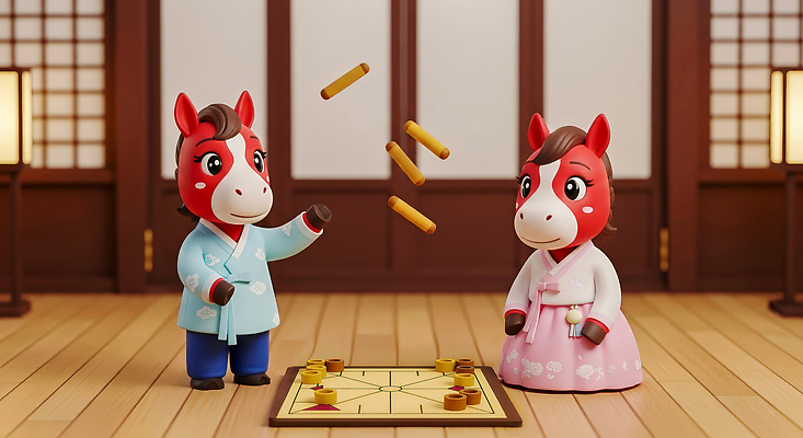 한국전통 명절 감정 인형 컨셉 관계 놀이 3D 십이지신 말_동물 감각 전통의상 연도 파일형식 2026년 말인형 게임 방 편안함 집중 즐거움 모션 친구 장난감 컬러 전통 편집이미지 편집3D JPG 한복 말띠 붉은말 설날 새해 병오년