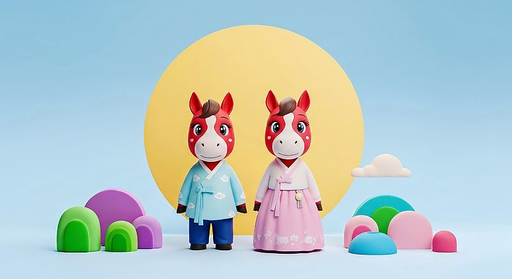 자연요소 한국전통 전통 명절 아시아 백그라운드 파란색 3D 십이지신 말_동물 전통의상 연도 파일형식 2026년 말_게임 인형 파란배경 태양 컬러 조각 나란히 장면 캐릭터 한국 상징 문화 디자인 그림 편집이미지 편집3D JPG 한복 말띠 붉은말 설날 새해 병오년