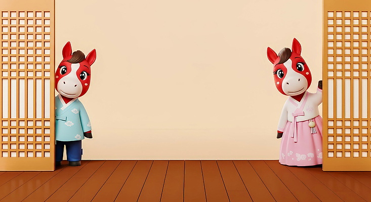 한국전통 명절 3D 십이지신 말_동물 전통의상 연도 파일형식 2026년 말_게임 인형 문 옷 백그라운드 장면 주목 단순화된 컬러 표현 디자인 장식 문화 놀이 편집이미지 편집3D JPG 한복 말띠 붉은말 설날 새해 병오년