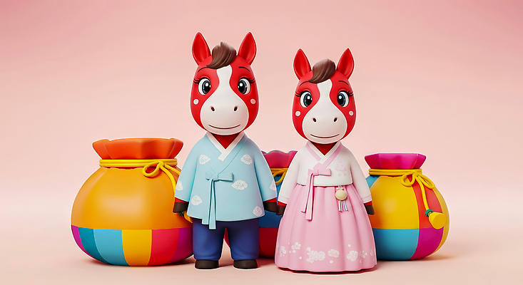 한국전통 명절 아시아 사람 3D 십이지신 말_동물 전통의상 연도 파일형식 2026년 한복 말_게임 캐릭터 보따리 컬러 장면 축제 한국 전통 옷 어린이 디자인 문화 이벤트 편집이미지 편집3D JPG 말띠 붉은말 설날 새해 병오년