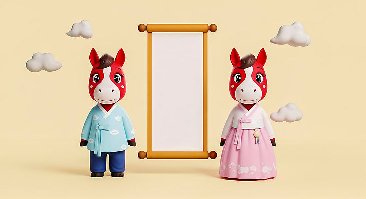 한국전통 전통 명절 아시아 컨셉 2 신체부위 3D 십이지신 말_동물 전통의상 연도 서비스 파일형식 2026년 말_게임 캐릭터 한국 배너 클라우드서비스 모던 슬라이드 두개 풍경 디자인 귀여움 컬러 얼굴 편집이미지 편집3D JPG 한복 말띠 붉은말 설날 새해 병오년