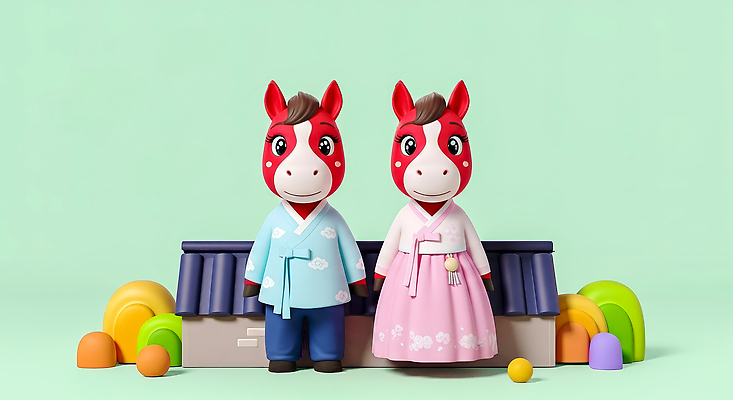 한국전통 명절 아시아 동물캐릭터 컨셉 모션 3D 십이지신 말_동물 전통의상 연도 파일형식 2026년 한복 말캐릭터 전통 오브젝트 한국 컬러 손잡기 백그라운드 귀여움 디자인 문화 이미지 장식 편집이미지 편집3D JPG 말띠 붉은말 설날 새해 병오년