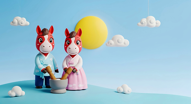 자연요소 한국전통 전통 명절 감정 아시아 모션 3D 십이지신 말_동물 전통의상 연도 파일형식 2026년 말_게임 캐릭터 떡 하늘 태양 장면 만들기 즐거움 문화 한국 작업 포즈 손잡이 편집이미지 편집3D JPG 한복 말띠 붉은말 설날 새해 병오년