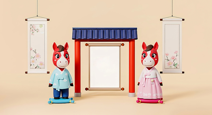 한국전통 명절 건축 아시아 선 컨셉 3D 십이지신 말_동물 전통의상 연도 파일형식 2026년 말_게임 캐릭터 한국 전통 옷 장식 백그라운드 구조물 곡선 흐름 컬러 문화 예술 디자인 편집이미지 편집3D JPG 한복 말띠 붉은말 설날 새해 병오년