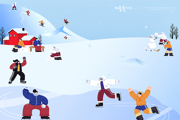 스포츠 겨울 일러스트 가족 눈사람 놀이 스키 산 주택 풍경 여러명 친구 운동 얼음 스케이트 눈싸움 국내일러스트 AI파일 자연요소 계절 스포츠용품 다수 관계 겨울스포츠 눈_날씨 건강 사람 건물 싸움 파일형식 벡터