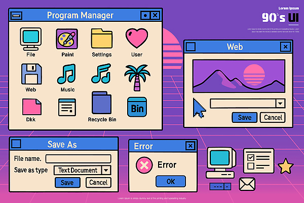 디자인 음악 일러스트 텍스트 컴퓨터 스크린 웹 작업 저장 문서 파일 복고 이미지 설정 UI 관리자 오류 인터페이스 프로그램 사용자 국내일러스트 AI파일 인터넷 문화예술 전자제품 파일형식 벡터