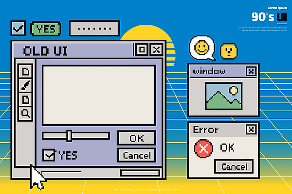 디자인 창 컬러 백그라운드 일러스트 버튼 그래픽 가로 세로 컴퓨터 스크린 메시지 확인 복고 취소 UI 오류 프로그램 픽셀 국내일러스트 AI파일 무기 전자제품 파일형식 벡터