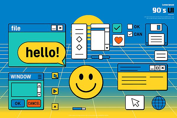 디자인 감정 창 컬러 일러스트 텍스트 버튼 표정 그래픽 컴퓨터 디지털 파일 복고 UI 스크롤 국내일러스트 AI파일 무기 전자제품 파일형식 벡터