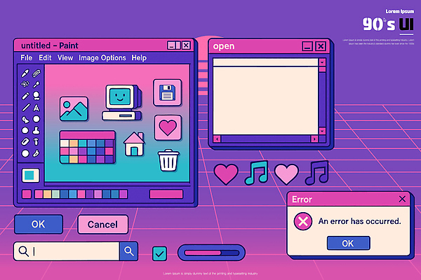 디자인 창 음악 컬러 일러스트 사랑 그래픽 컴퓨터 스크린 도구 작업 선택 문서 복고 이미지 클릭 UI 오류 프로그램 국내일러스트 AI파일 감정 무기 컨셉 문화예술 전자제품 파일형식 벡터