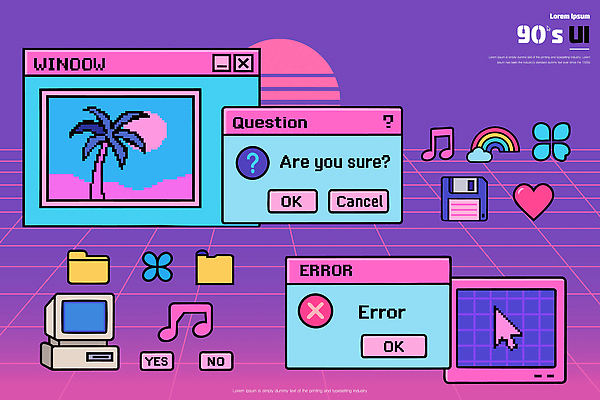 디자인 창 음악 컬러 백그라운드 일러스트 팝업 그래픽 컴퓨터 디지털 스크린 확인 복고 UI 오류 스타일 국내일러스트 AI파일 무기 문화예술 전자제품 파일형식 벡터