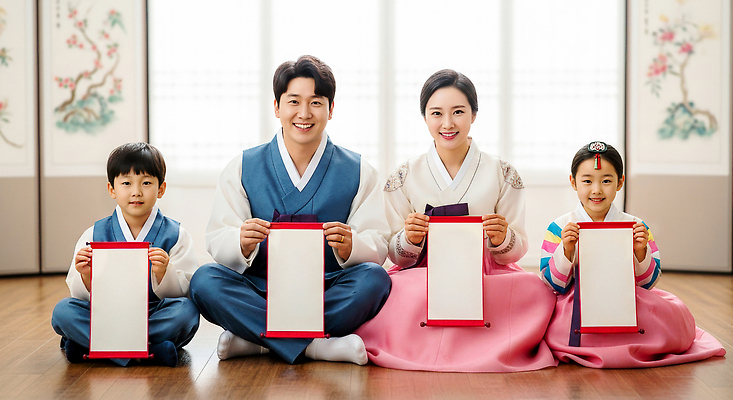 JPG 편집이미지 한국문화 옷 여자 남자 어린이 거실 가족 새해 한국 미소 촬영 전통의상 한복 가족사진 사라 편집실사 AI인물포토 AI콘텐츠 동양문화 한국전통 전통 아시아 관계 표정 사람 CG 파일형식 단체사진 AI포토