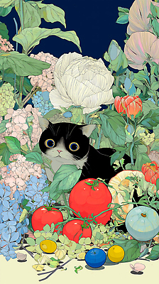 JPG 식물 동물 꽃 토마토 채소 일러스트 자연 사람 여름 정원 검은색 고양이 흰색 개화 시원함 오브젝트 그림 원예 식물원 청명 국내일러스트 AI일러스트 AI콘텐츠 계절 컬러 포유류 취미 반려동물 생태계 파일형식