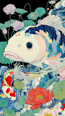 JPG 물결 예술 컬러 일러스트 자연 생명 바닥 연꽃 어류 빨간색 물 파란색 흰색 수면 수중식물 수조 연습 그림 뷰티풀 비단잉어 국내일러스트 AI일러스트 AI콘텐츠 자연요소 식물 꽃 수중동물 민물고기 생태계 파일형식