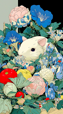 JPG 식물 동물 꽃 컬러 과일 일러스트 자연 생물 환경 정원 쥐 식물원 주위 삭발 흰쥐 국내일러스트 AI일러스트 AI콘텐츠 설치류 생태계 파일형식