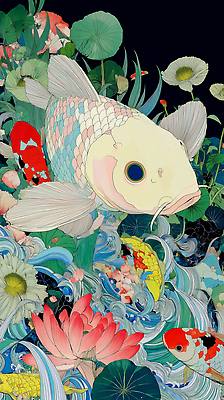 JPG 꽃 물결 바다 컬러 일러스트 자연 어류 환경 수중 수중동물 수중식물 수조 금붕어 수족관 비단잉어 국내일러스트 AI일러스트 AI콘텐츠 식물 동물 민물고기 생태계 파일형식