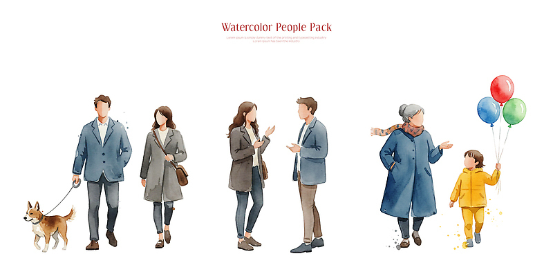 PSD 동물 캐릭터 여자 남자 어린이 일러스트 가족 수채화 거리 대화 사람 일상 친구 걷기 산책 산책로 보행자 강아지 풍선 국내일러스트 길 관계 모션 휴식 말하기 라이프 반려동물 개 파일형식