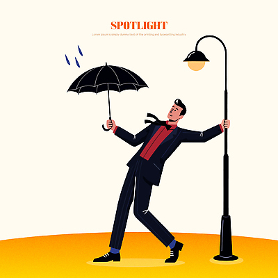 남자 감정 가로등 일러스트 우산 모션 바람 날씨 거리 거리풍경 정장 일상 자유 춤 도시 즐거움 스포트라이트 국내일러스트 AI파일 자연요소 옷 공공시설 컨셉 문화예술 사람 풍경 라이프 파일형식 벡터