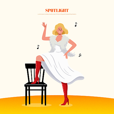 헤어스타일 손 드레스 여자 패션 음악 포즈 의자 일러스트 모션 부츠 공연 공간 무대 표현 춤 즐거움 스포트라이트 국내일러스트 AI파일 옷 감정 가구 신발 문화예술 사람 이벤트 신체부위 파일형식 벡터