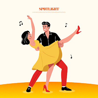 옷 여자 남자 음악 일러스트 관계 안기 모션 사람 빨간색 노란색 공연 무대 춤 동료 즐거움 스포트라이트 소통 스텝 국내일러스트 AI파일 감정 컬러 컨셉 문화예술 이벤트 파일형식 벡터