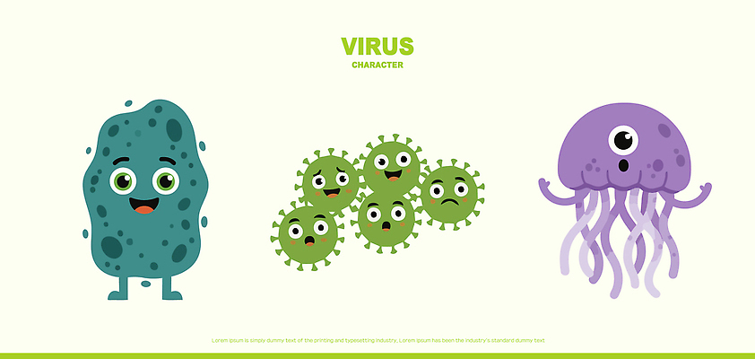 캐릭터 감정 생물 표정 파일형식 벡터 바이러스 웃음 디자인 표현 유머 컬러 그림 교육 과학 미생물 건강 생태계 바다 일러스트 일러캐릭터 AI파일