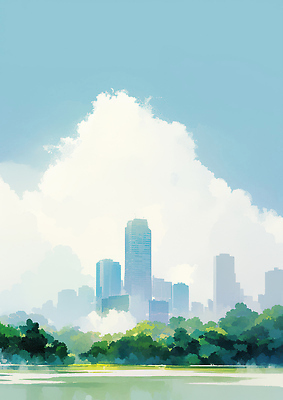 JPG 나무 호수 일러스트 자연 하늘 거리 풍경 건물 일상 파란색 태양 반사 고층빌딩 회색 대기 도시 녹지 국내일러스트 AI일러스트 AI콘텐츠 자연요소 식물 건축물 컬러 빌딩 라이프 생태계 파일형식