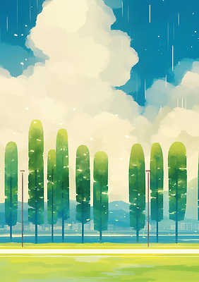 JPG 나무 공원 하늘색 일러스트 자연 하늘 날씨 수채화 산 주택 풍경 초록색 조경 흐림 수목 풍경화 국내일러스트 AI일러스트 AI콘텐츠 식물 공공시설 컬러 건물 파란색 그림 생태계 파일형식